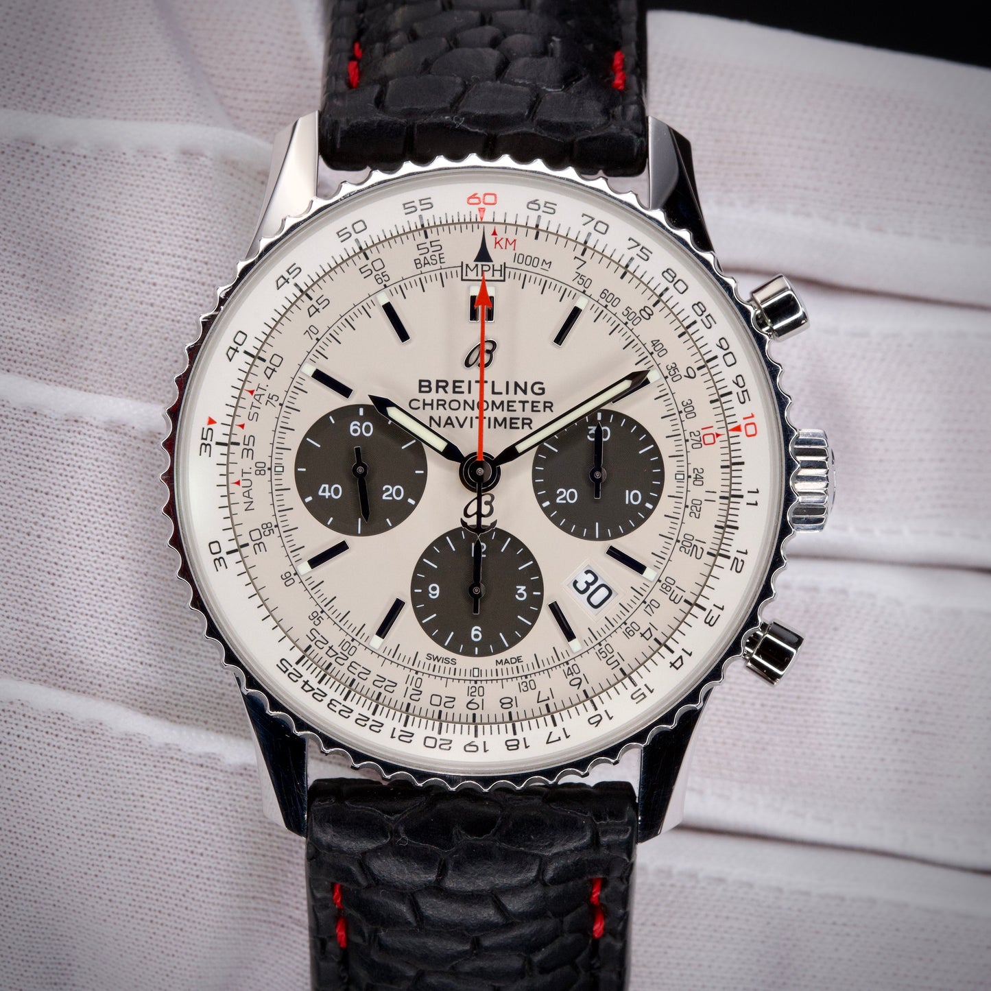 2021 Breitling Navitimer 1 B01 Chronograph "Panda" 43MM White Dial Aftermarket Bespoke Leather Strap (AB0121211G1A1)