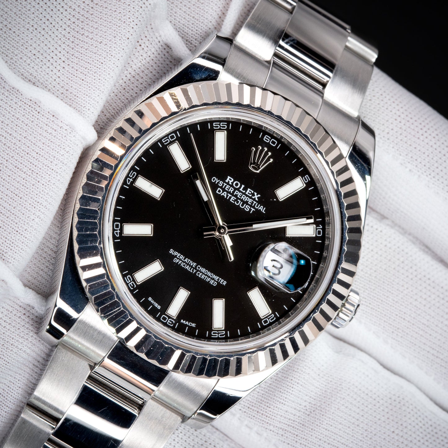 Rolex Datejust II 116334 18K WG Fluted Bezel Oyster Black Dial 41mm Full Set