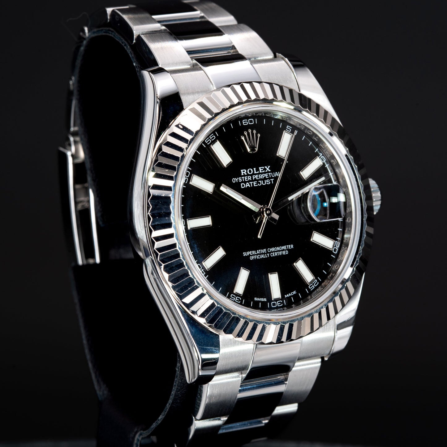 Rolex Datejust II 116334 18K WG Fluted Bezel Oyster Black Dial 41mm Full Set