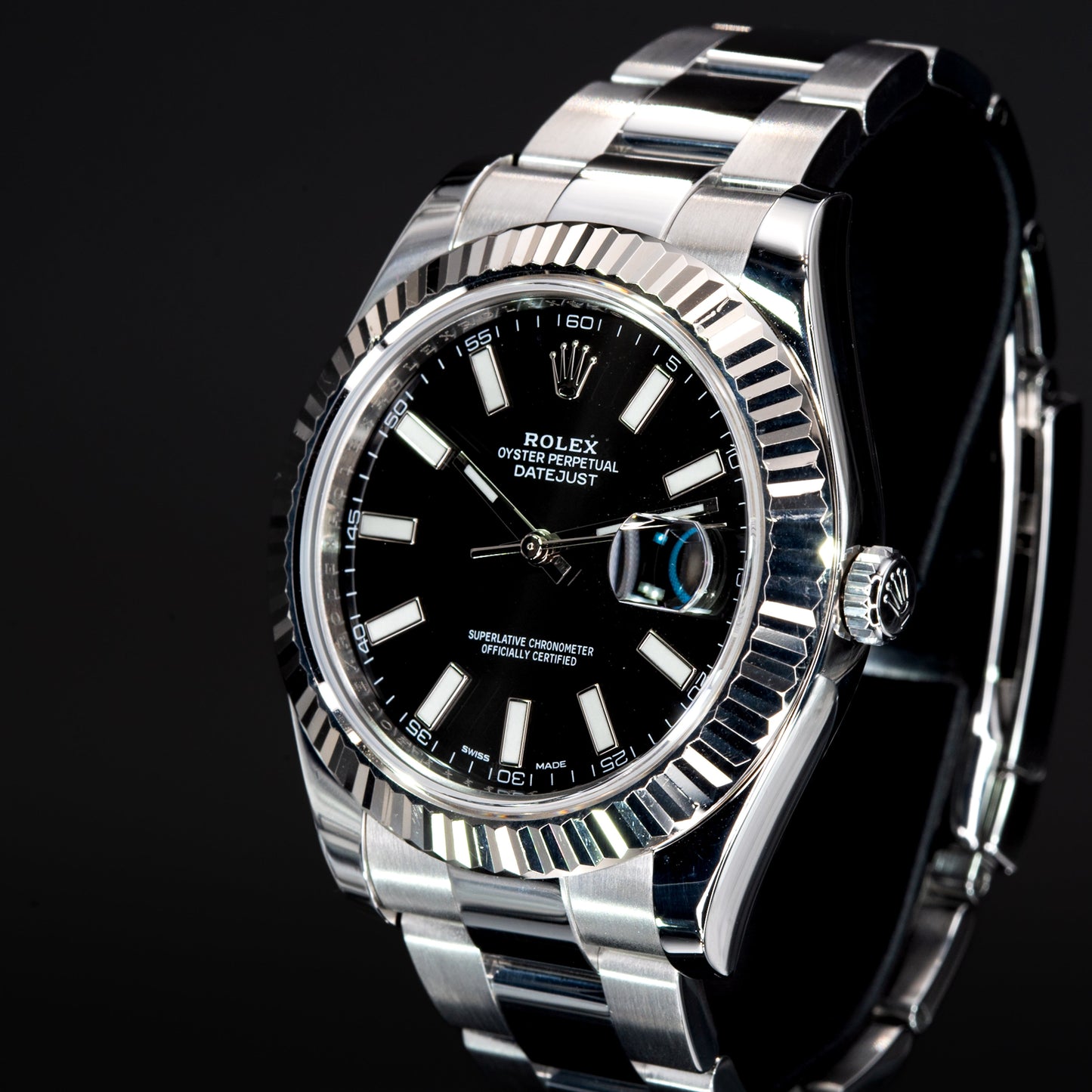 Rolex Datejust II 116334 18K WG Fluted Bezel Oyster Black Dial 41mm Full Set