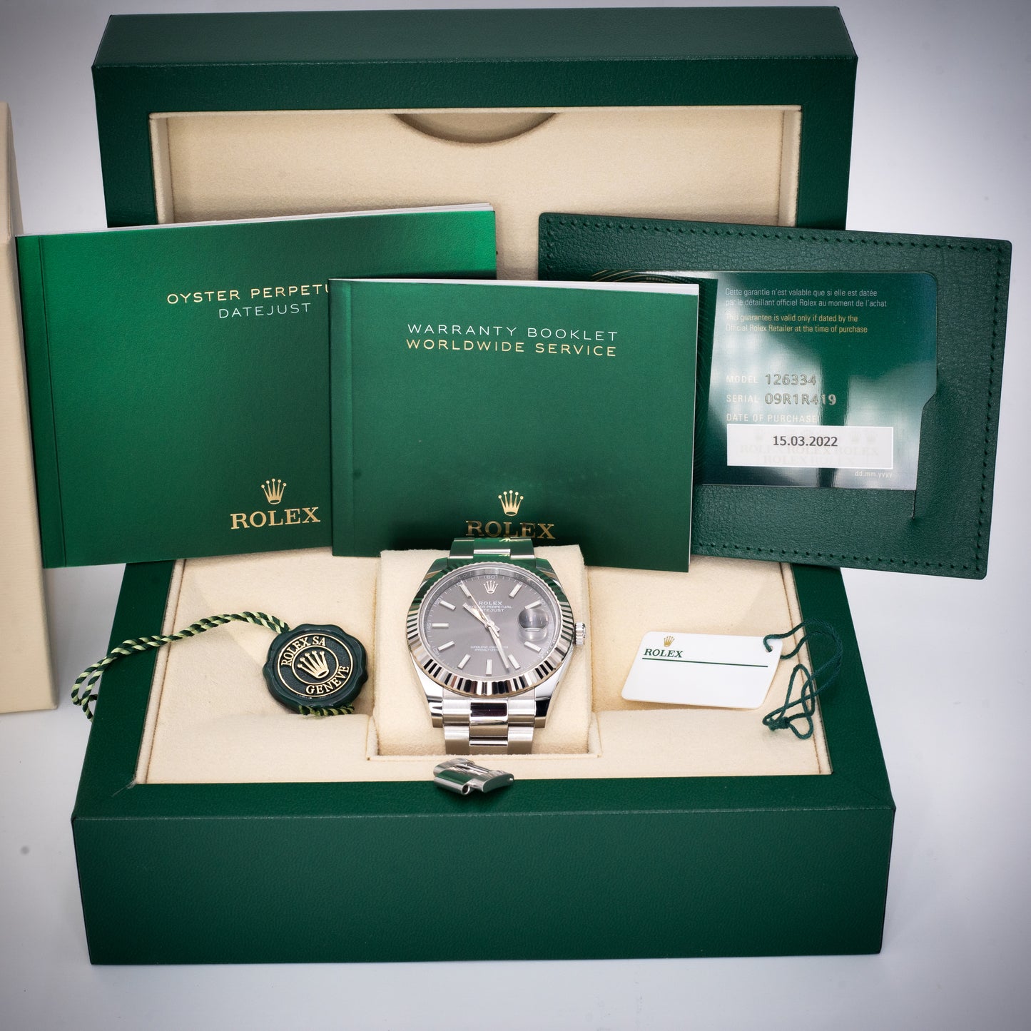 2022 Rolex Datejust 126334 18K White Gold Fluted Bezel Oyster Rhodium Dial 41mm Full Set