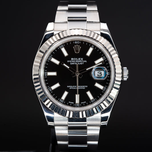 Rolex Datejust II 116334 18K WG Fluted Bezel Oyster Black Dial 41mm Full Set