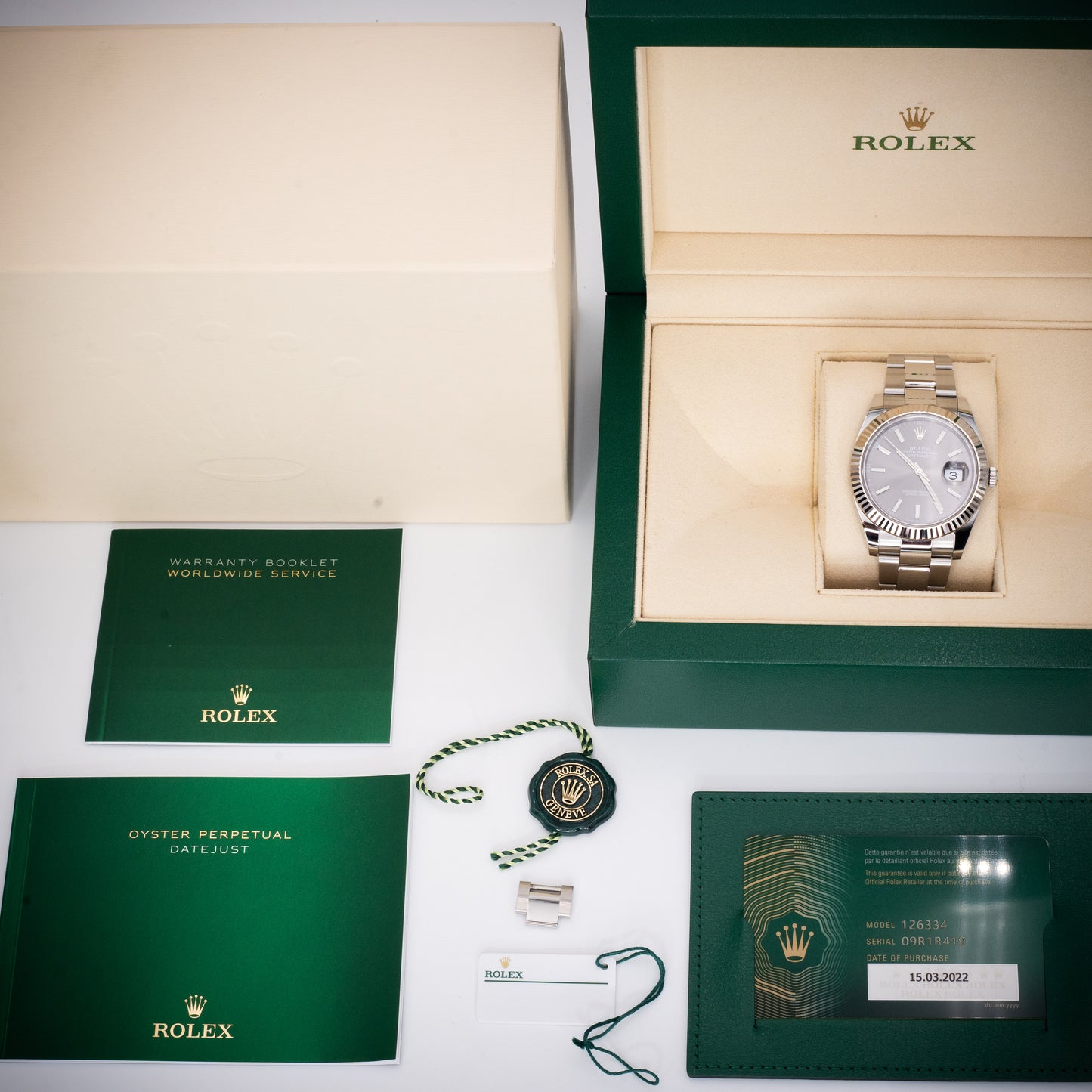 2022 Rolex Datejust 126334 18K White Gold Fluted Bezel Oyster Rhodium Dial 41mm Full Set