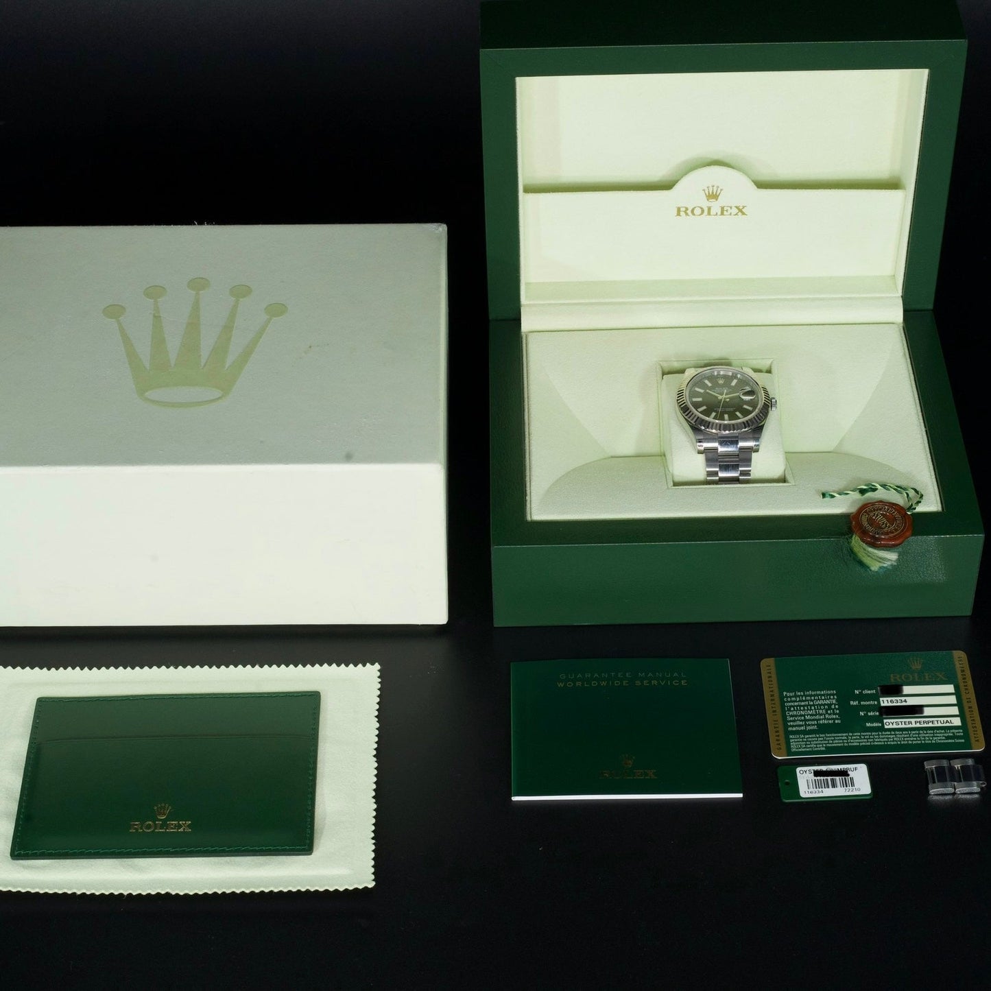 Rolex Datejust II 116334 18K WG Fluted Bezel Oyster Black Dial 41mm Full Set